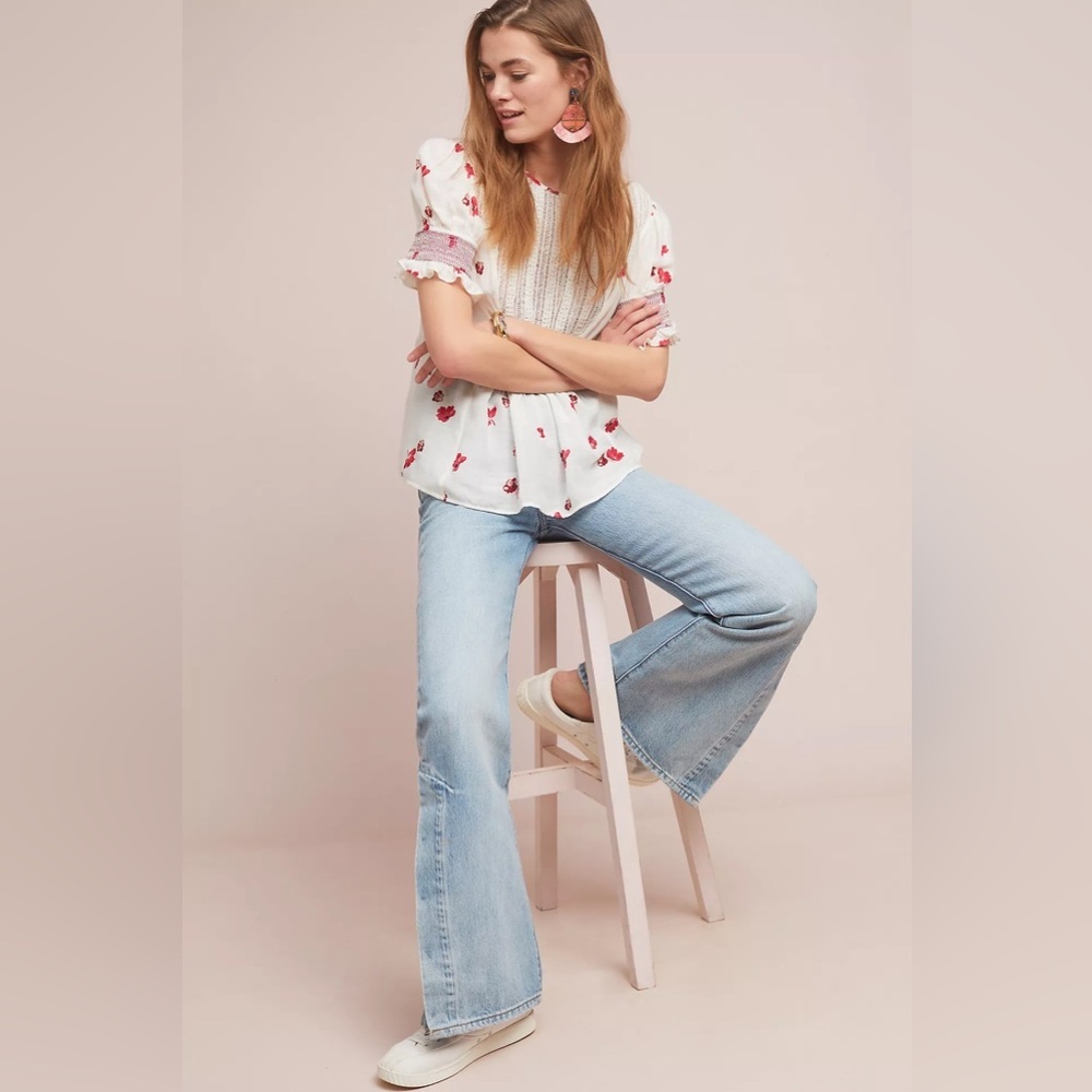 Anthropologie White Floral Eyelet Puff-Sleeve Blouse